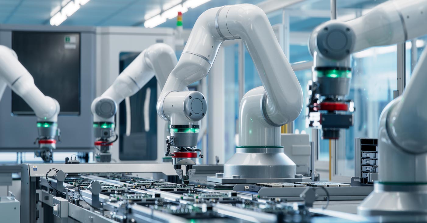 Robots working on an electronics assembly line